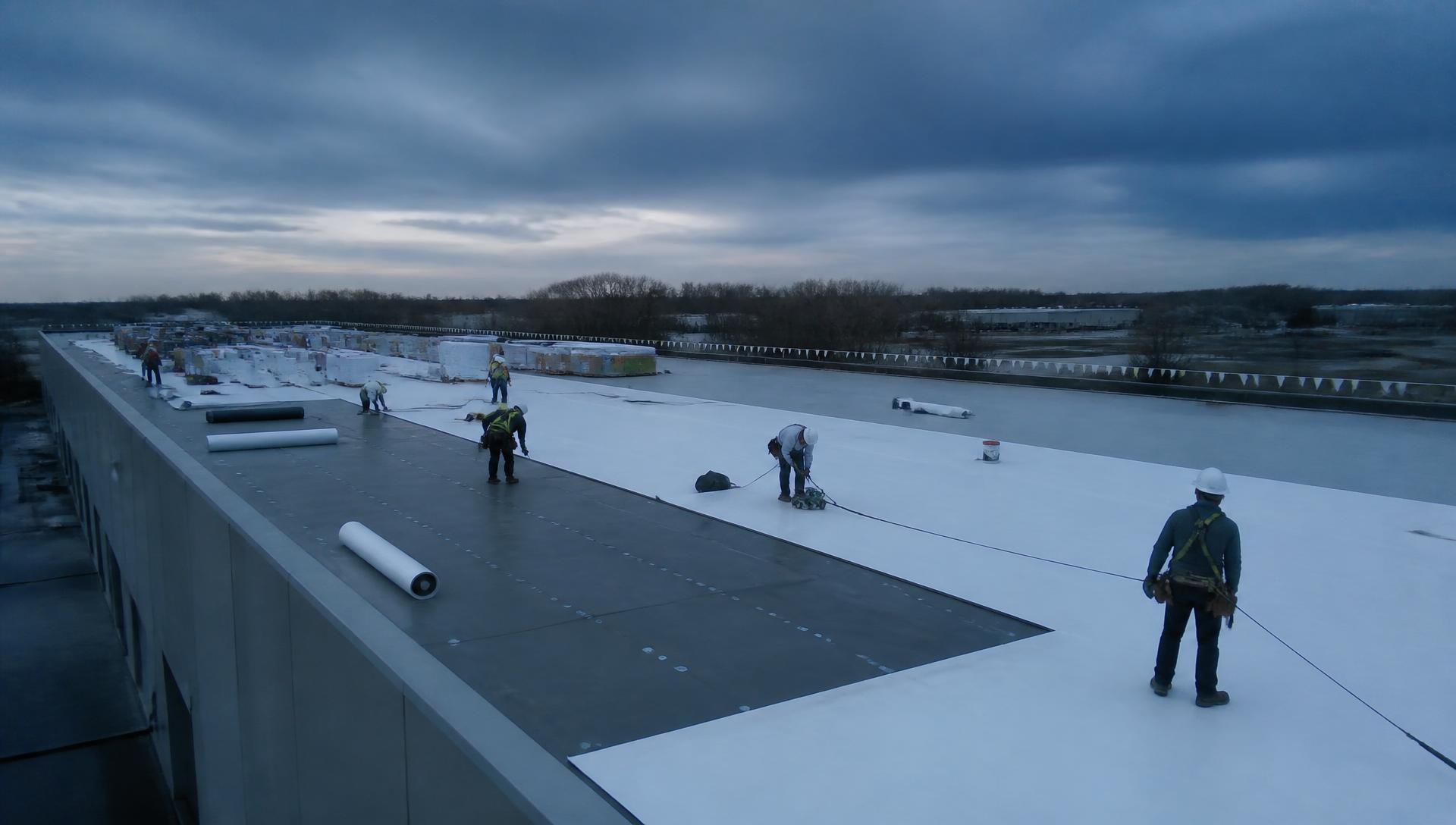 Roofing crew installing single-ply membrane on a large commercial building